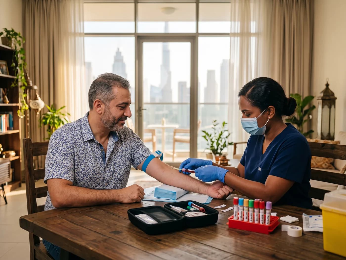 A phlebotomist taking a blood sample in a Dubai home