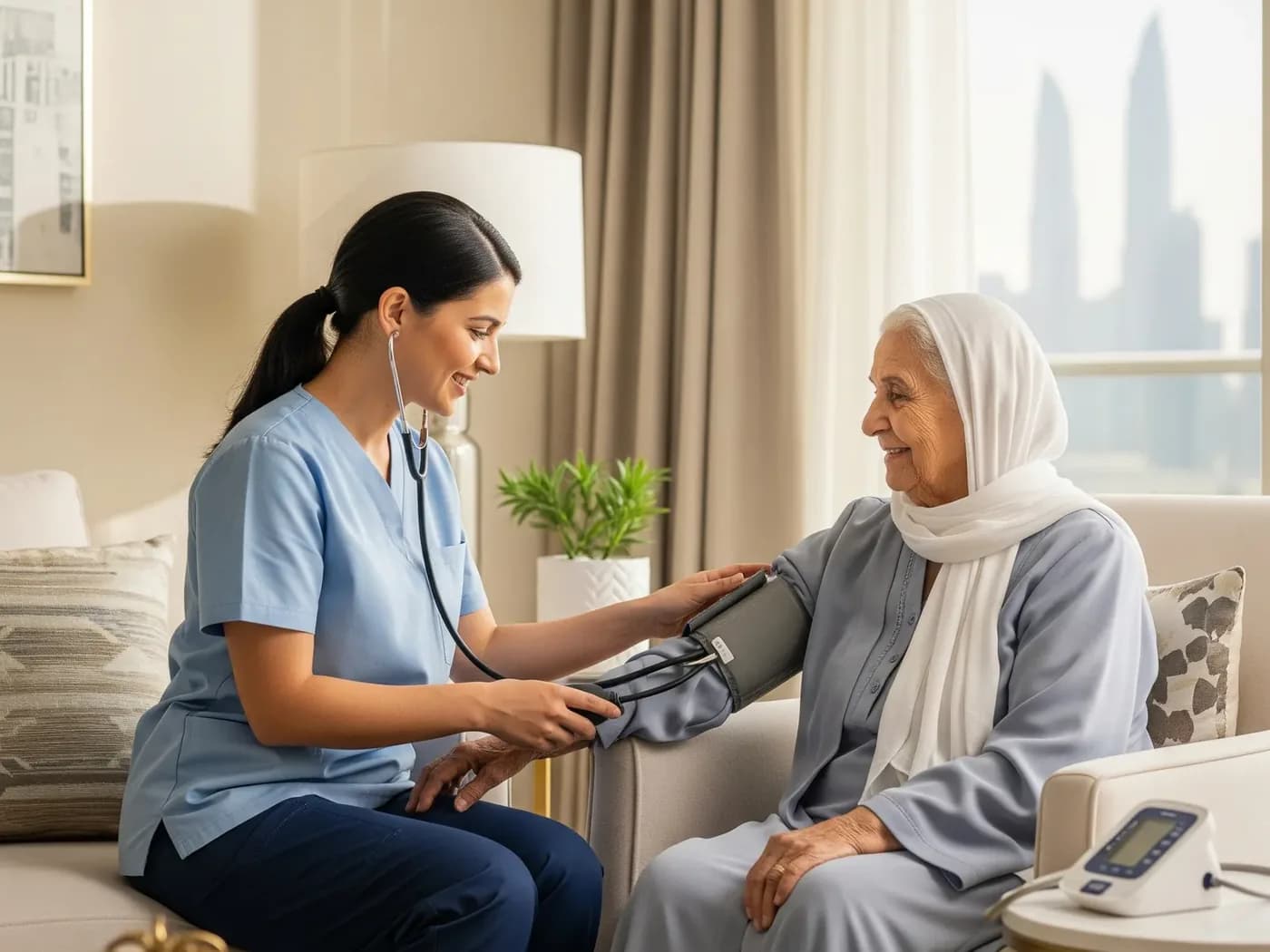 A nurse checking on an older patient at home